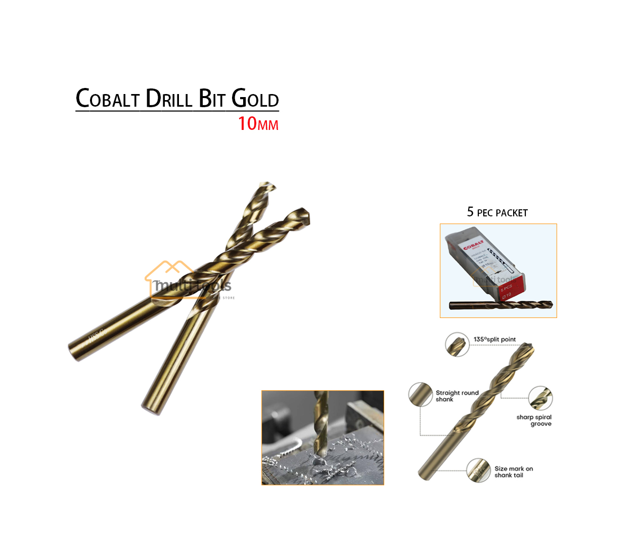 5-Pcs (10Mm) Cobalt Drill Bit Gold